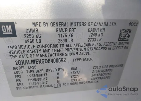 2013 GMC Terrain Sle-1 from USA, damaged, VIN 2GKALMEK6D6400692